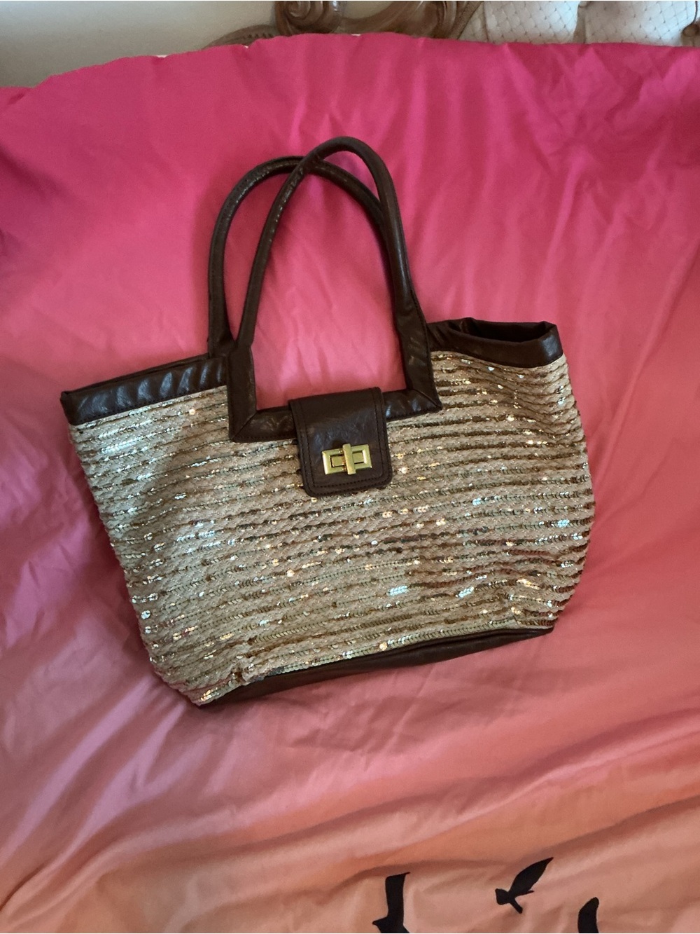 Poppie Jones Gold Sequin Straw Tote Bag with Dark Brown Trim